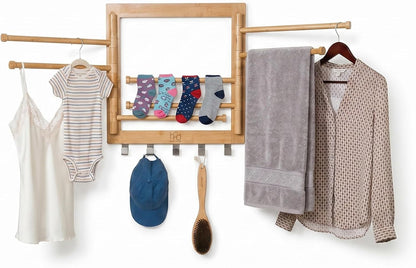 Honey-Can-Do Bamboo Wall-Mount Swivel-Arm Drying Rack, 80 lb, Natural | Wall-mount bamboo rack with 8 swivel arms holds 80 lb; folds to 1.7 in deep. Ships assembled with 5 steel hooks.