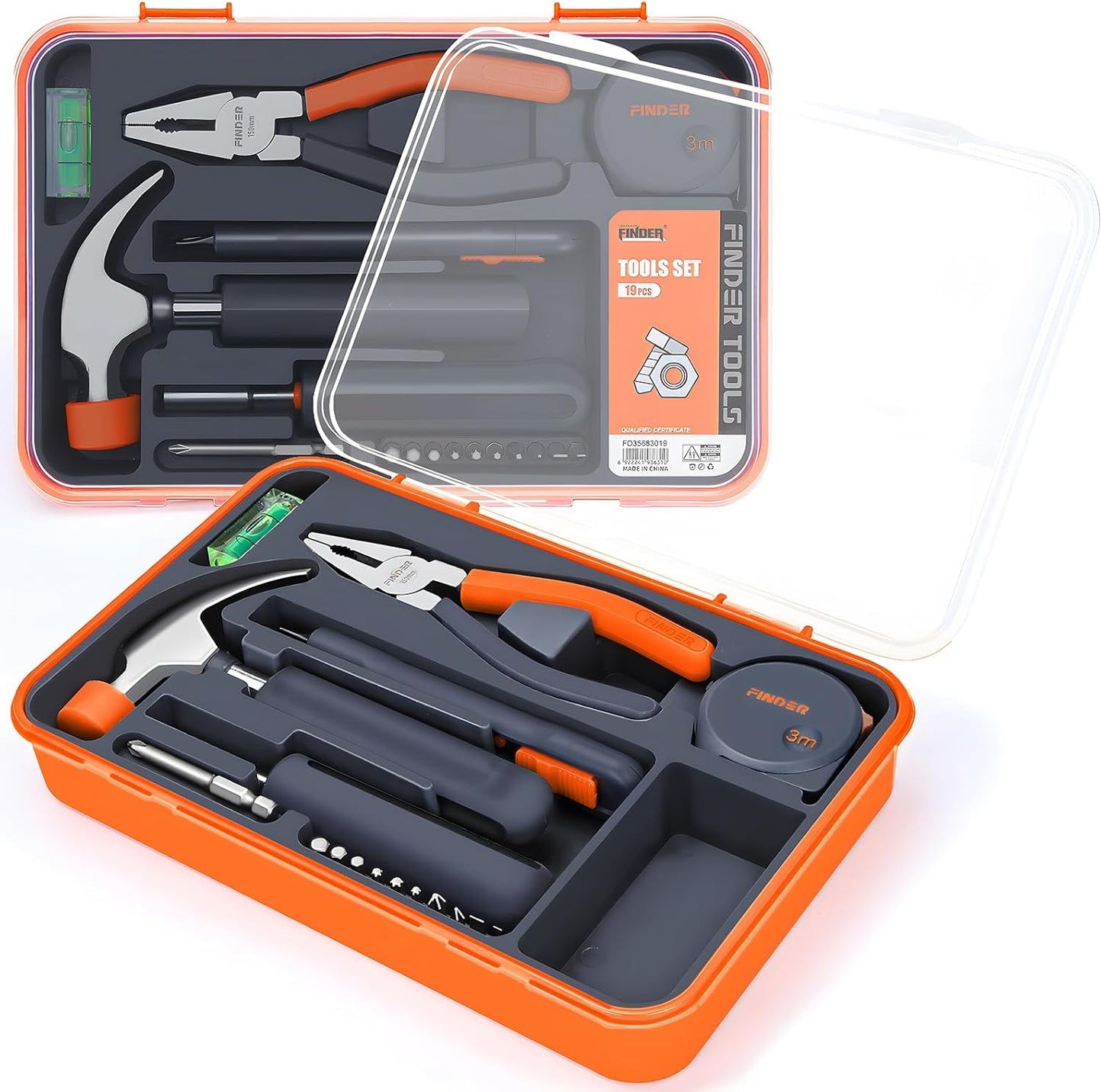 Finder Small Tool Kit 19 Piece General Household Tool Set, Mini Tool Kit Basic Hand Tools Kit with Plastic Toolbox Storage Case for Home Repair (Orange)