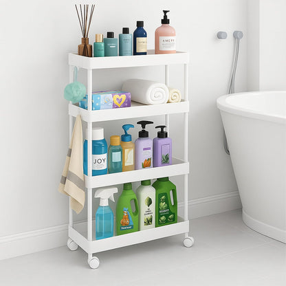 ShellKingdom 4 Tier Bathroom Storage Organizer, Slim Rolling Storage Cart for Narrow Space, Mobile Shelving Unit with Lockable Wheels and Hooks for Bathroom, Kitchen, Laundry Movable Shelf (Green)