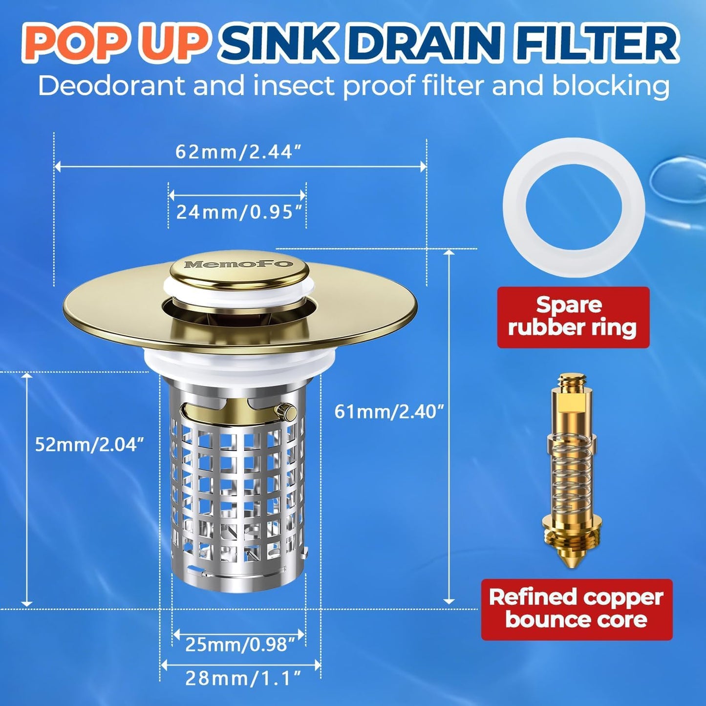 Bathroom Sink Drain Strainer(2PCS), Stainless Steel Pop-up Strainer Basket Hair Catcher with Removable Basket, Brass Bullet Core, Universal Fit 1.1-2.36 Inch