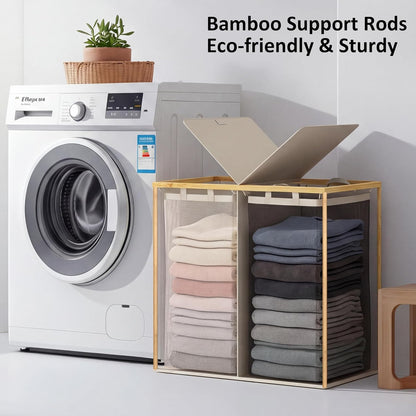 efluky Laundry Hamper with Lid, Trio Laundry Basket with 2 Removable Bags, 3 Section Laundry Bin with Bamboo Handles for Bathroom, Bedroom & Laundry Room, 160L (42.3 Gallon) Beige