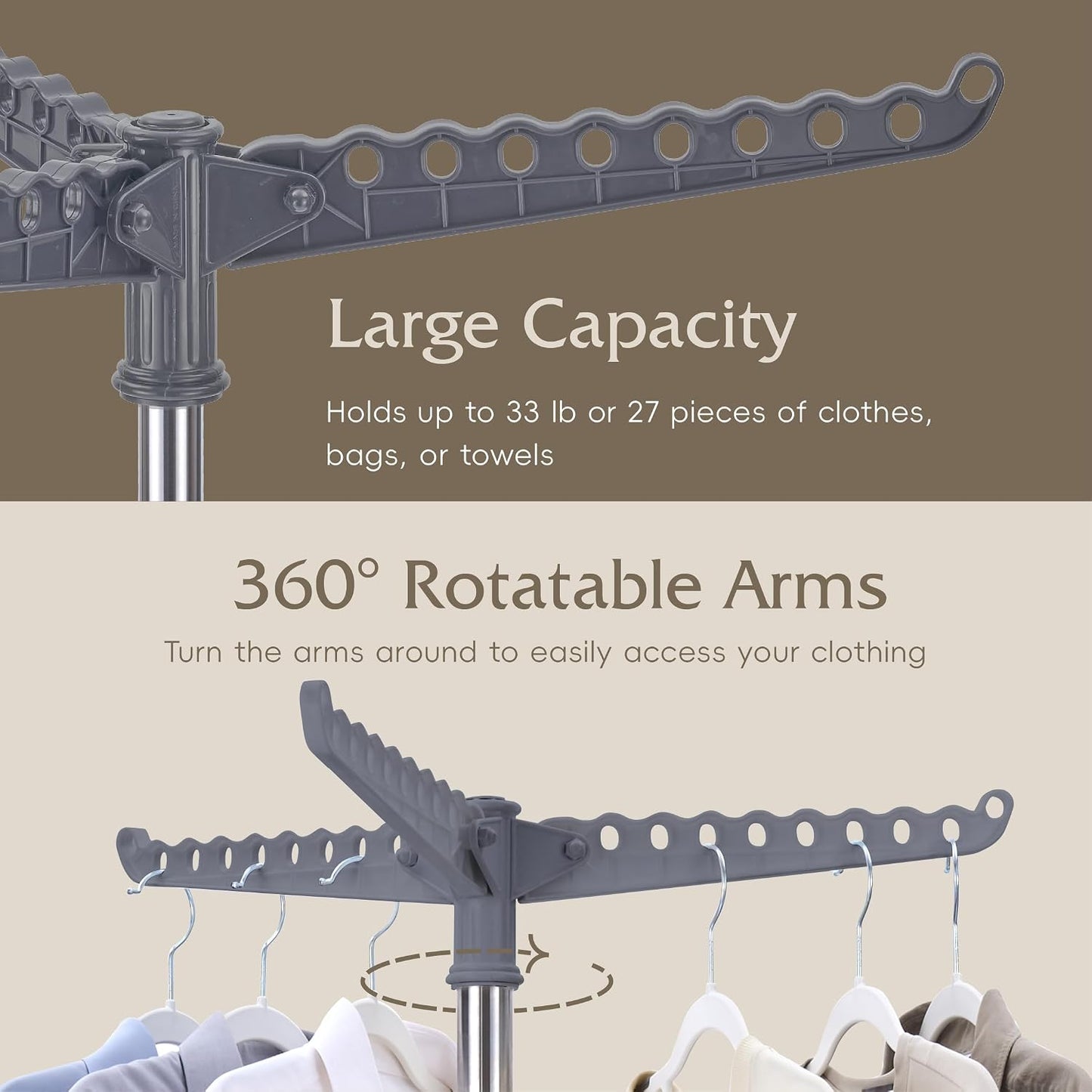 Beaudaily Clothes Drying Rack, Foldable 79.5-Inch Laundry Drying Rack,3 Tie, with Rotatable Arms, Stainless Steel, Holds 27 Clothes,8 Towels and 24 Clips for Hanging Socks, White and Silver