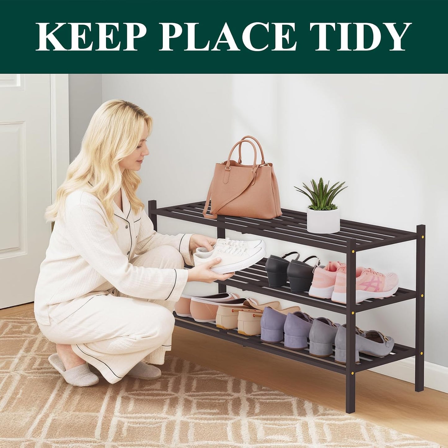 Smiry Bamboo Shoe Rack, 3 Tier Free Standing Wooden Shoe Organizer, Stackable Wood Shoe Storage Shelf for Closet, Entryway, 5 Horizontal Slats, 26.8"x11"x18.3", Natural