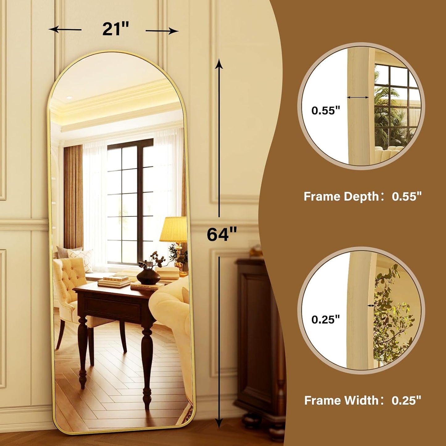 HARRITPURE 64"x21" Arched Full Length Mirror Free Standing Leaning Hanging Mounted Mirror Aluminum Frame Modern Simple Home Decor for Living Room Bedroom Cloakroom, Gold