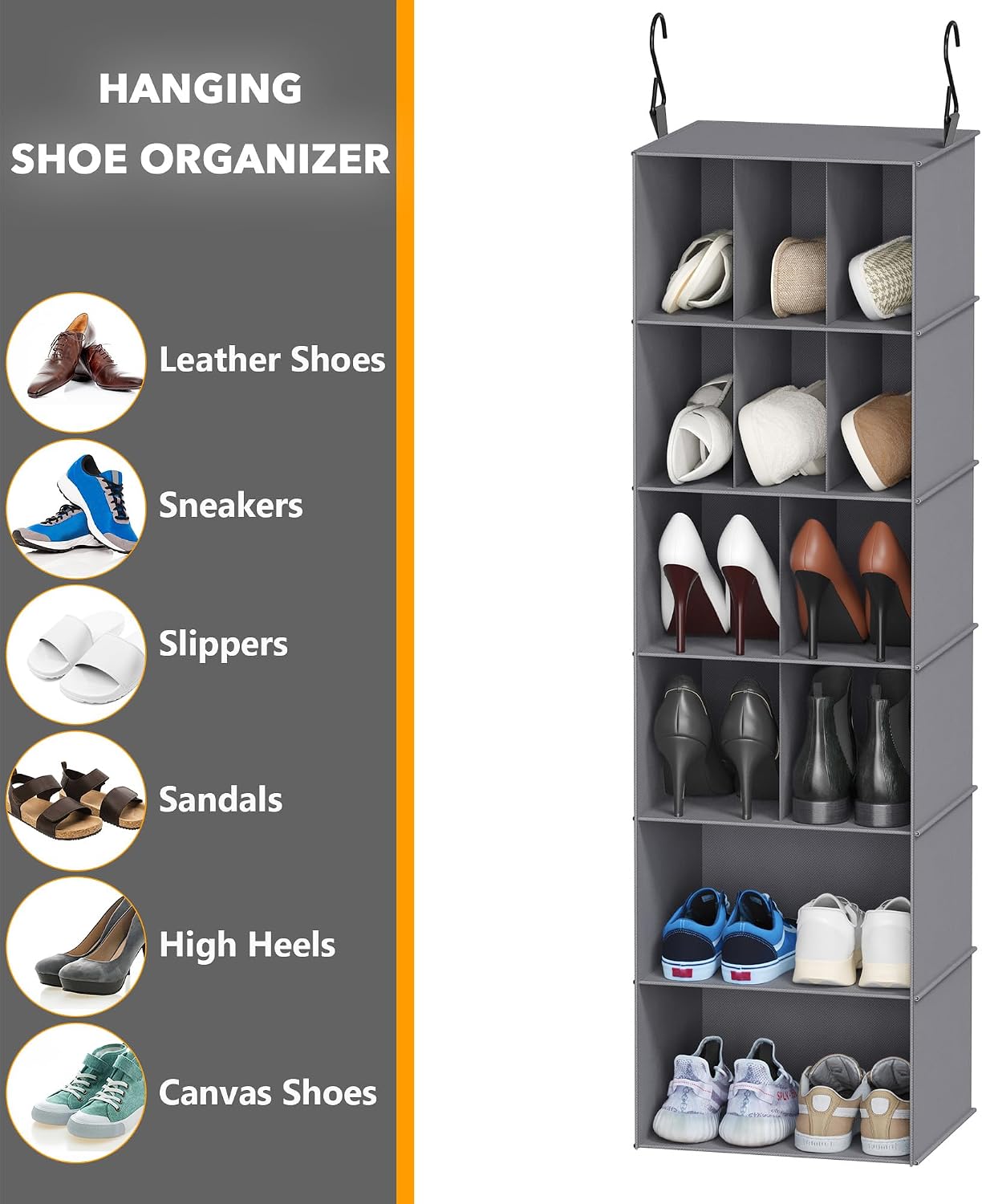 SpaceAid 2 Pack Hanging Closet Organizer and Storage with Dividers, 24 Compartments Hanging Shoe Shelves for Closet, Wardrobe, RV, Garment Rack - Black