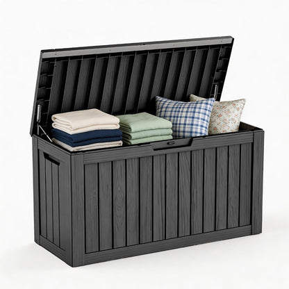 125Gal Outdoor Storage Box, Lockable Deck Box with Hydraulic Lid | Waterproof UV-resistant, Durable outdoor bin for patio cushions, pool accessories & garden tools. Keeps contents secure & dry