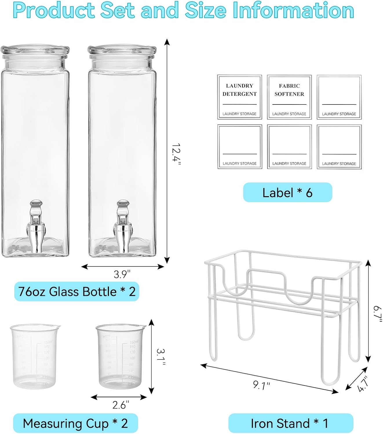 2 Pack Glass Laundry Detergent Dispenser with Stand, Laundry Soap & Fabric Softener Dispenser for Laundry Room Organization and Storage, 76oz Laundry Liquid Containers with Labels, Measuring Cups