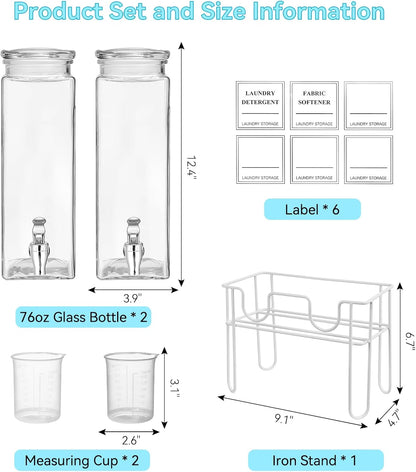 2 Pack Glass Laundry Detergent Dispenser with Stand, Laundry Soap & Fabric Softener Dispenser for Laundry Room Organization and Storage, 76oz Laundry Liquid Containers with Labels, Measuring Cups