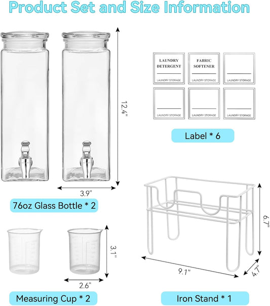 2 Pack Glass Laundry Detergent Dispenser with Stand, Laundry Soap & Fabric Softener Dispenser for Laundry Room Organization and Storage, 76oz Laundry Liquid Containers with Labels, Measuring Cups