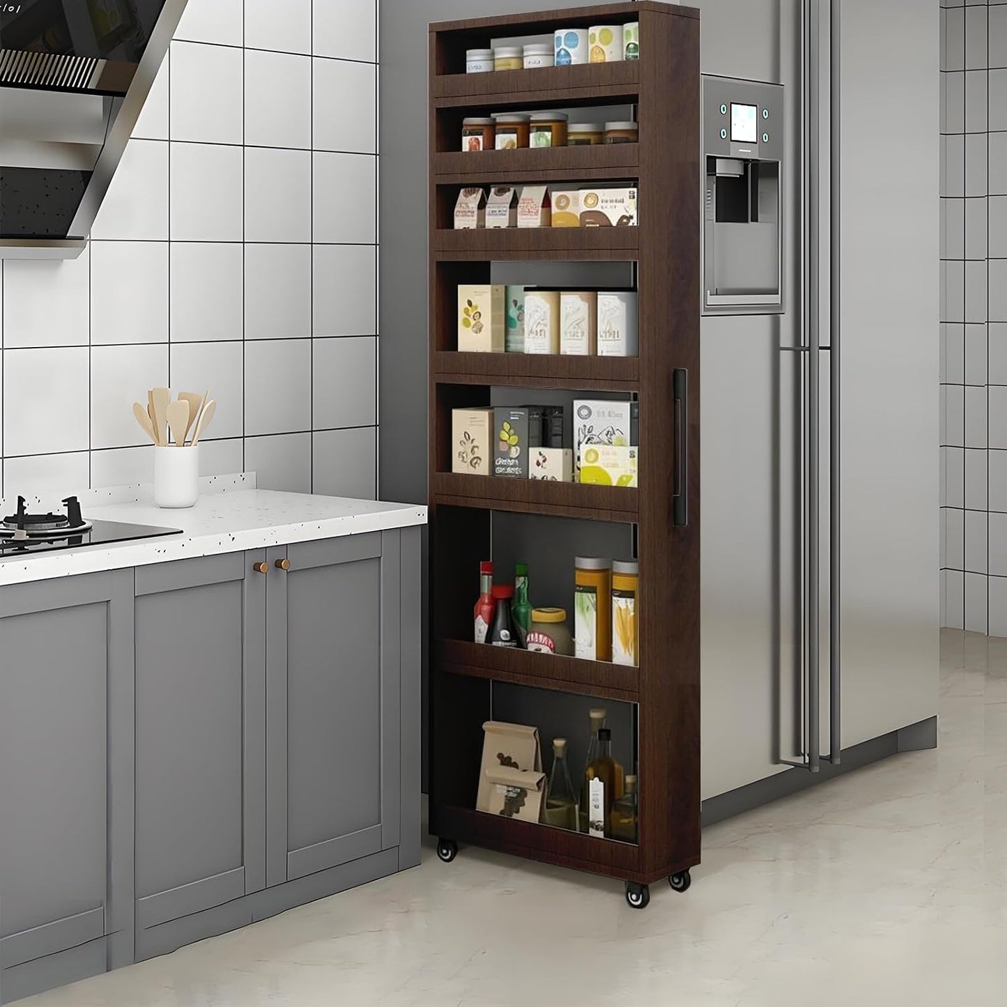 Slim Storage Cart,7 Tier Standing-Shelf with Wheels,Narrow Pantry Organizer for Small Spaces, Mobile Gap Storage Shelf for Kitchen, Laundry Room, Bathroom