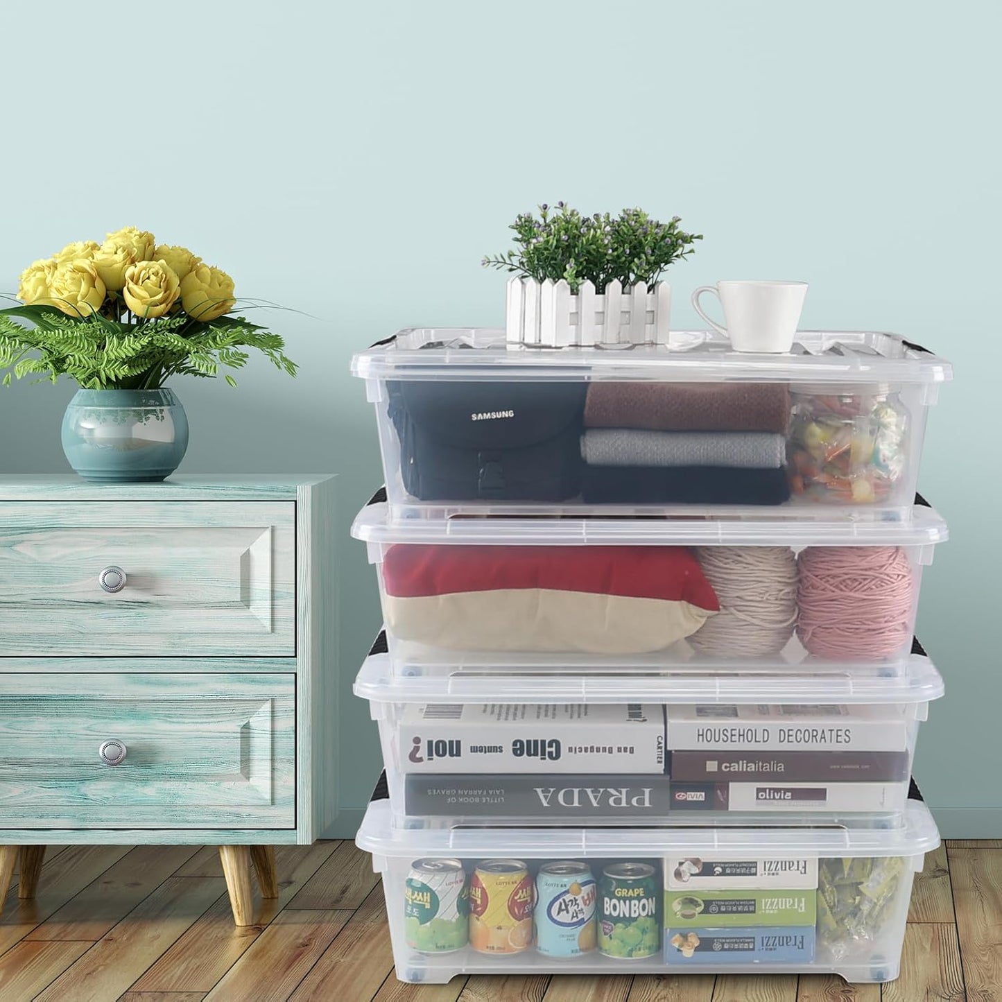 4-Pack 20 Quart Clear Under Bed Plastic Storage Bins with Wheels | Under Bed Storage Box, Locking Latch Lid, Easy-Glide Wheels, for Bedroom, Bathroom, Garage, and Office Organization