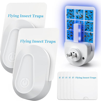 Flying Insect Trap Kit Indoor Fly Trap Fruit Fly and Gnat Trap w/ 2 Traps and 6 Sticky Refills Plug-in Device Bug Catcher for Mosquitoes, Moths, and etc