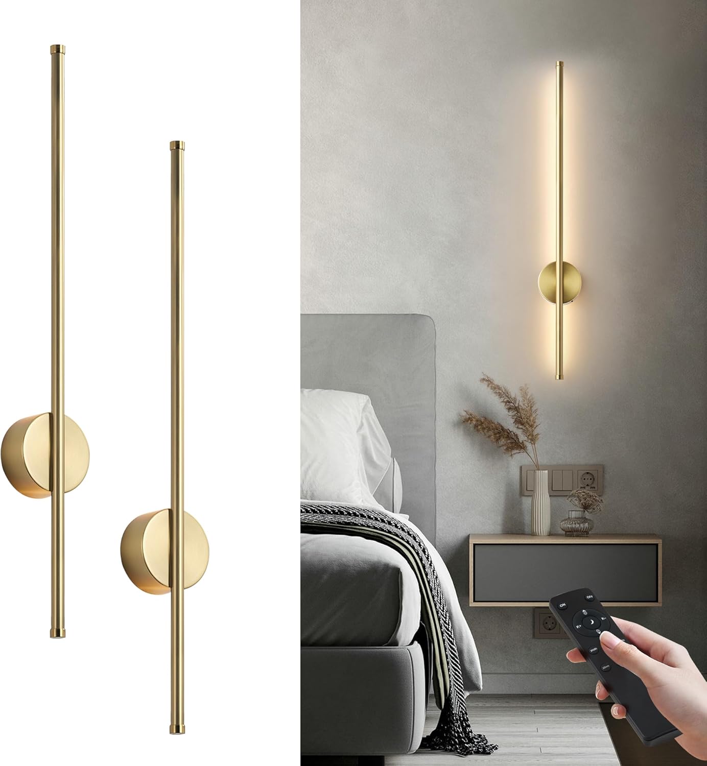 Battery Operated Modern Wall Sconces, Dimmable Wireless Wall Light Set of Two with Remote Control, 3 Color Temperatures, Rechargeable LED Wall Sconce for Bedroom, Living Room, Hallway, 23.6 Inch Brass