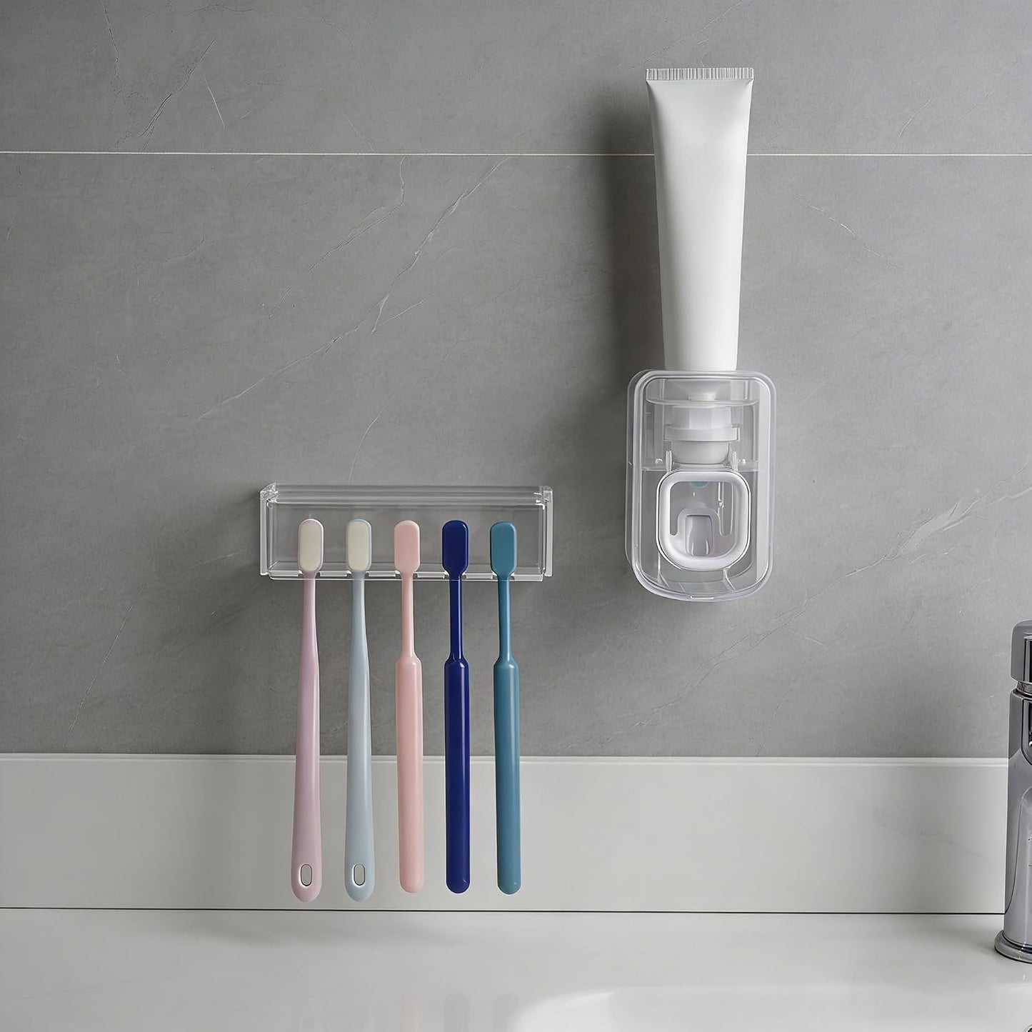 5 Slots Wall Mount Toothbrush Holder with Cover, Self Adhesive Toothbrush Storage Organizer for Shower, Toothbrush Hanger with Automatic Toothpaste Squeezer Dispenser