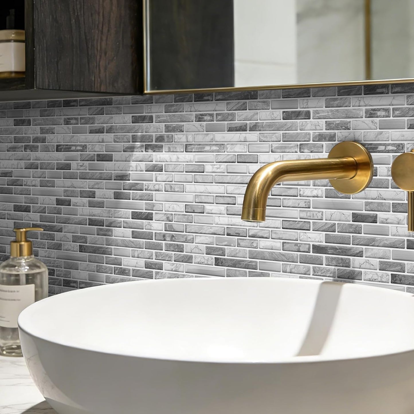 URCOLOR 10-Sheet Peel and Stick Backsplash Tile for Kitchen - 12”×12” Stick on Wall Tile for Bathroom, Black White Grey