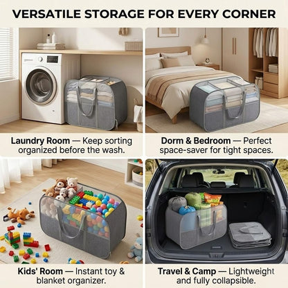150L Collapsible Laundry Basket, 3-Compartment Foldable Hamper with Handles, Durable & Lightweight Clothes Organizer for Laundry Room, Dorm, Travel - Grey