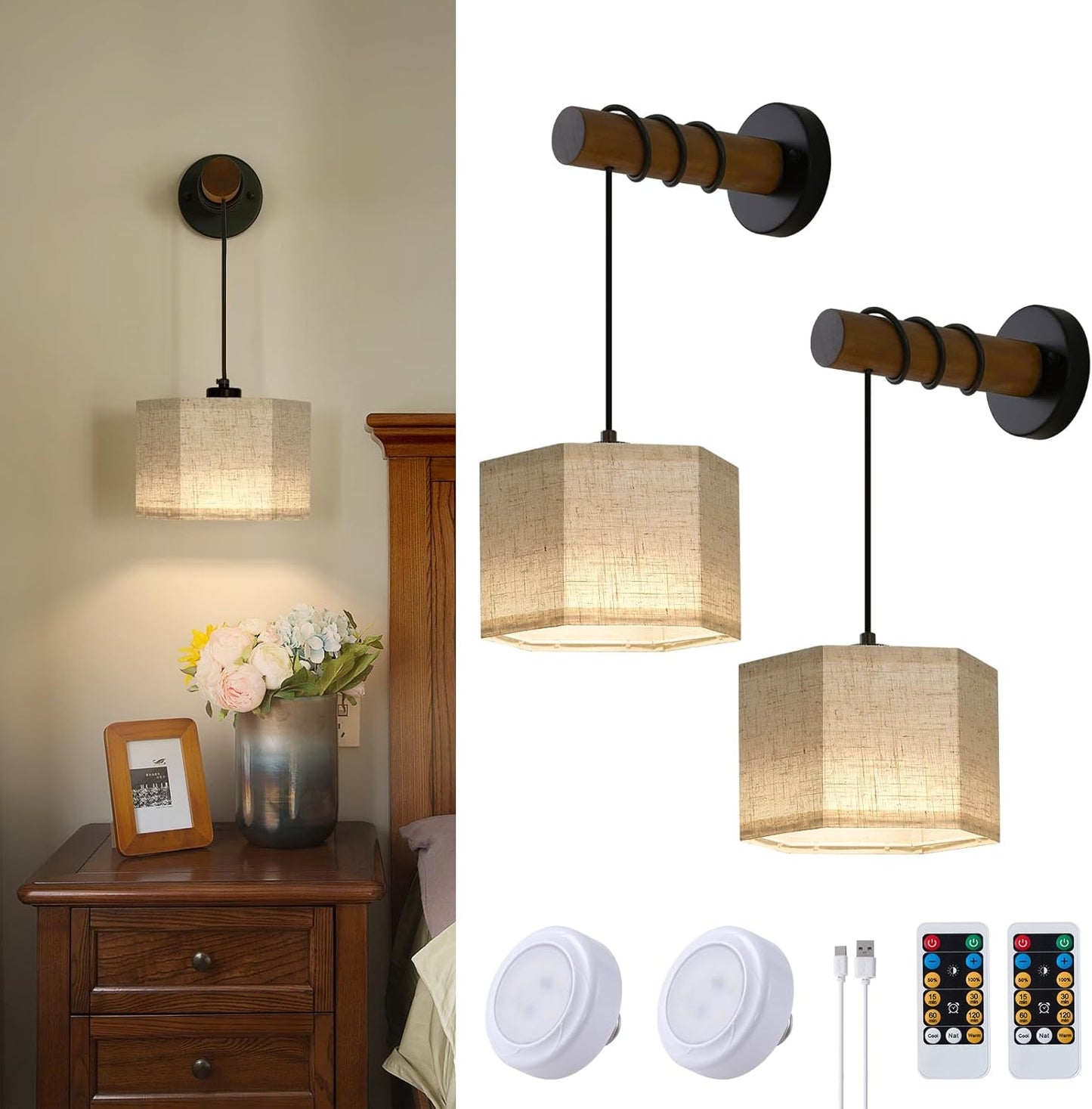 XSDeTu Rechargeable Battery Operated Wall Sconces Set of 2, Modern Battery Powered Wall Light with Wooden Arm & Remote Control, Adjustable 3 Colors Dimmable Wall Lamps for Bedroom, Living Room