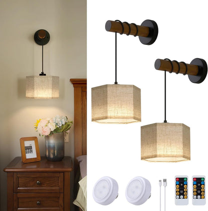 XSDeTu Rechargeable Battery Operated Wall Sconces Set of 2, Modern Battery Powered Wall Light with Wooden Arm & Remote Control, Adjustable 3 Colors Dimmable Wall Lamps for Bedroom, Living Room
