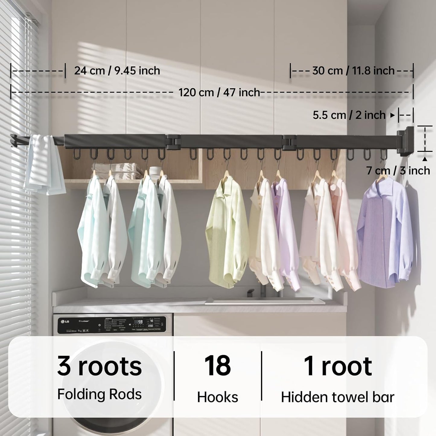Abiglifty Clothes Drying Rack Wall Mounted, Laundry Drying Rack Collapsible, Foldable & Retractablewith 18 Hooks for Indoor/Outdoor Use inLaundry Room, Bathroom & Balcony (White)