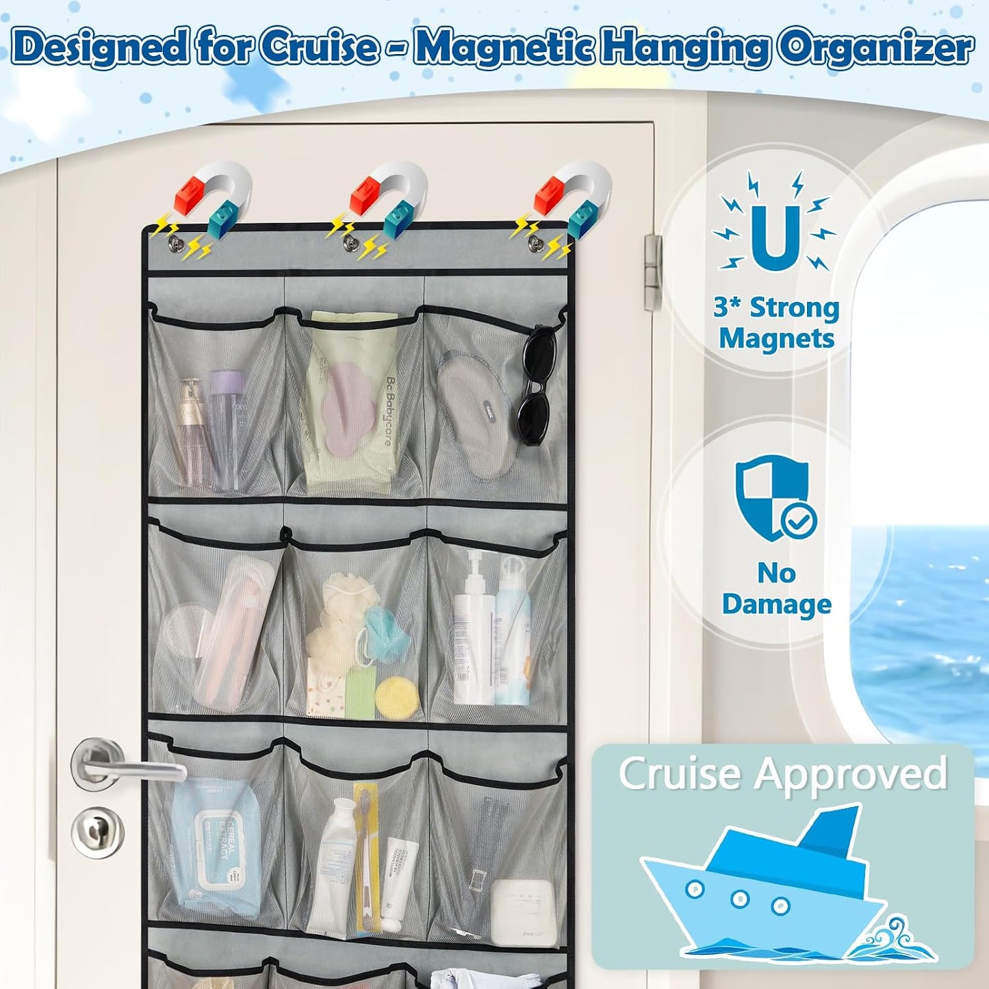 Over The Door Cruise Ship Organizer - Cruise Ship Magnetic Door Organizer with 15 Size-Graded Pockets, Hanging Magnetic Cruise Storage Shoe Rack for Cabin, 2026 Cruise Essential, 9 Hooks(White)