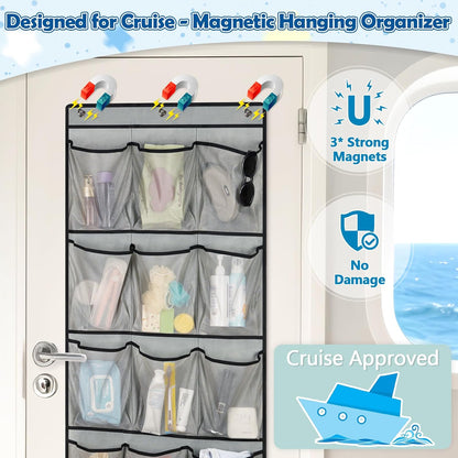 Over The Door Cruise Ship Organizer - Cruise Ship Magnetic Door Organizer with 15 Size-Graded Pockets, Hanging Magnetic Cruise Storage Shoe Rack for Cabin, 2026 Cruise Essential, 9 Hooks(White)