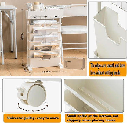 Rolling Bookshelf Cart with Wheels, 6 Tier Movable Bookshelf for Storage, Portable Bookshelf on Wheels for Kitchen Bathroom Office, Slim Book Cart, Off White
