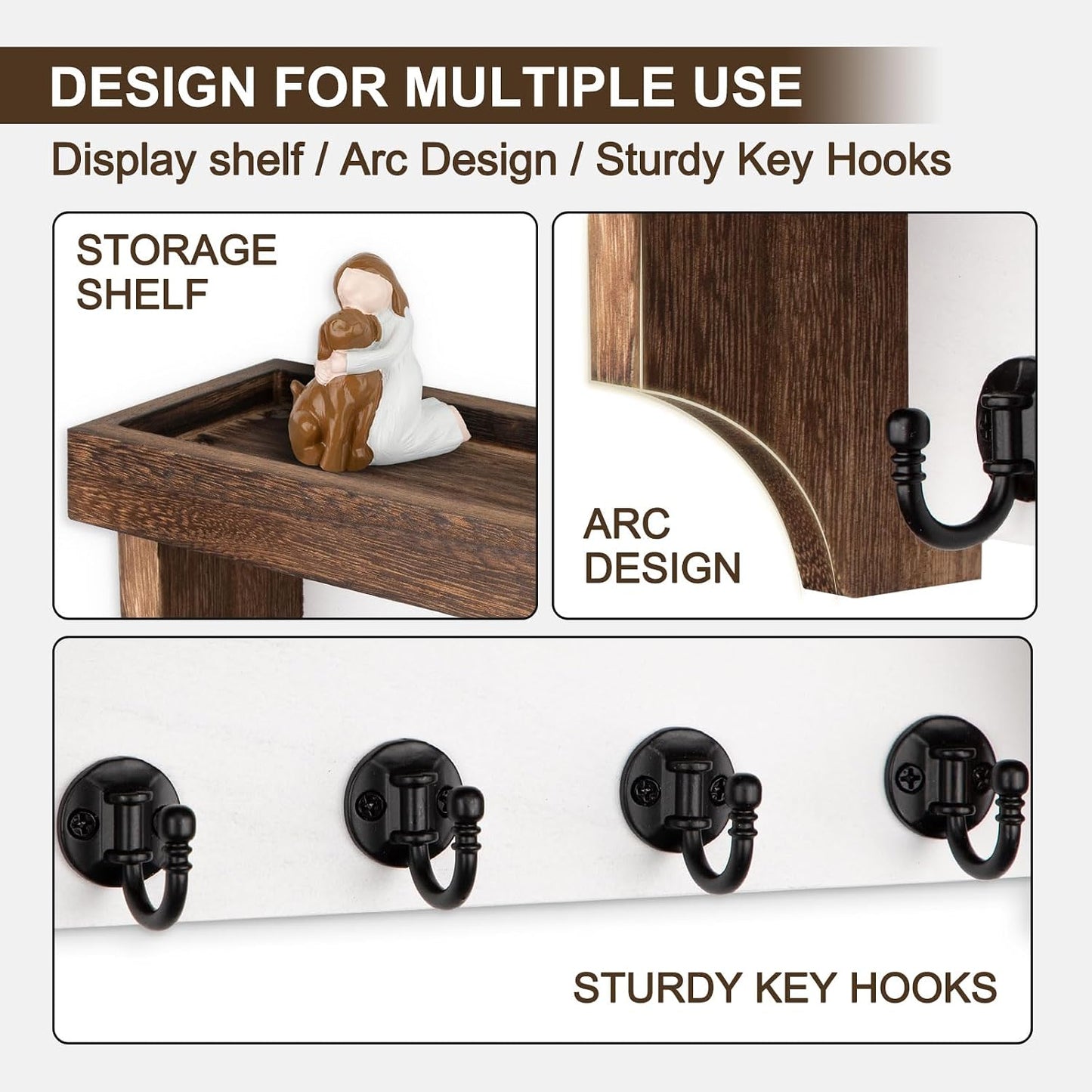 Key and Mail Holder Wall Mount, Key Holder with Shelf and Mail Organizer Wall Mount. Mail Holder with 5 Hooks for Coat, Dog Leash, Home Decor Rack, Entry Way Organizer (White)