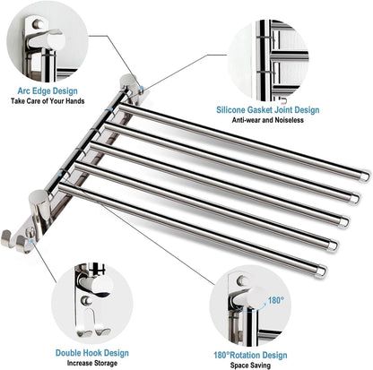 5-Arm Swivel Towel Rack - 180° Rotating Wall Mounted, 304 Stainless Steel Rustproof, Heavy Duty Bathroom Accessories, Space Saving Towel Organizer for Bathroom Kitchen Laundry - Pearl White