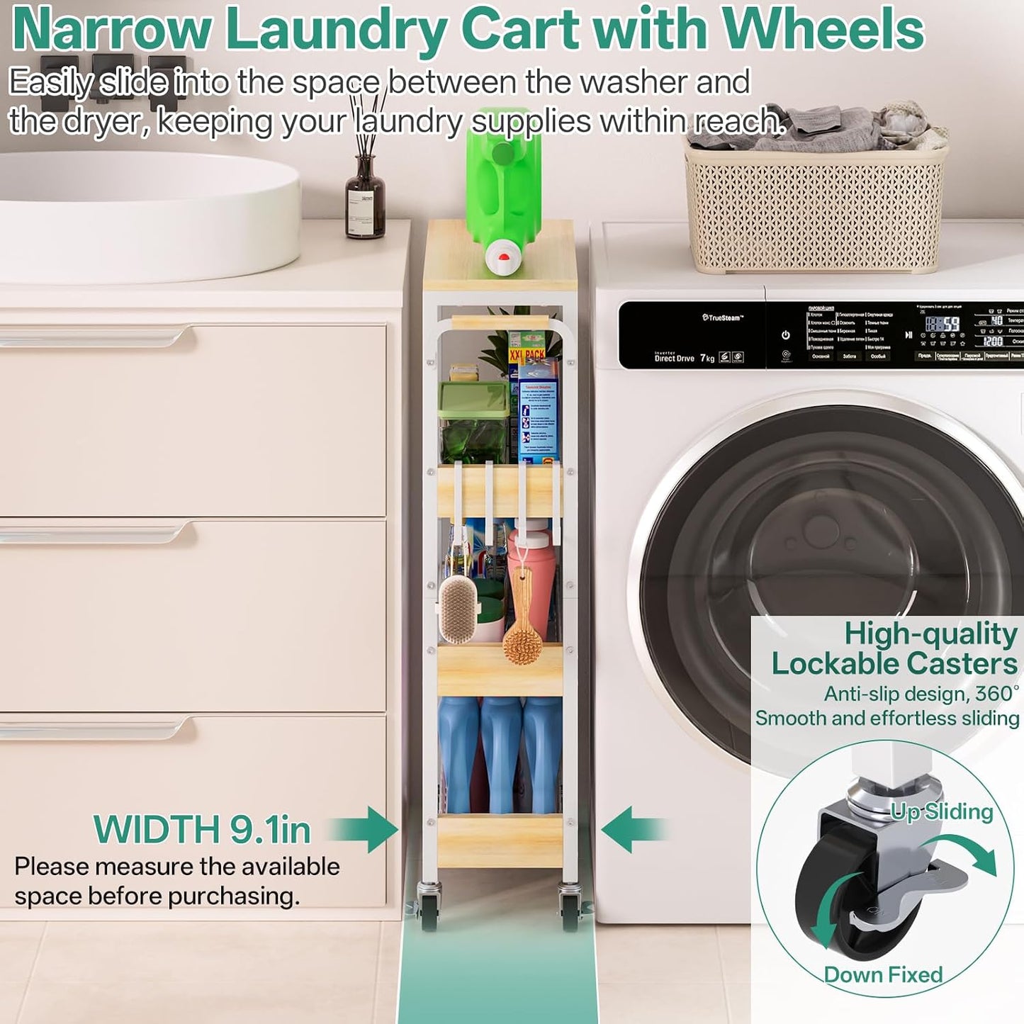 DTUQYX Slim Rolling Storage Cart, 4 Tier Small Organizer Cart with Wheels, Metal Utility Shelf Kitchen Bathroom Laundry Room Organization Trolley with Handle for Narrow Space (9.1" W Metal Basket)