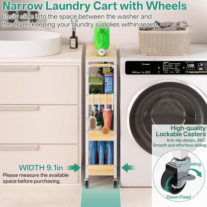 DTUQYX Slim Rolling Storage Cart, 4 Tier Small Organizer Cart with Wheels, Metal Utility Shelf Kitchen Bathroom Laundry Room Organization Trolley with Handle for Narrow Space (9.1" W Metal Basket)