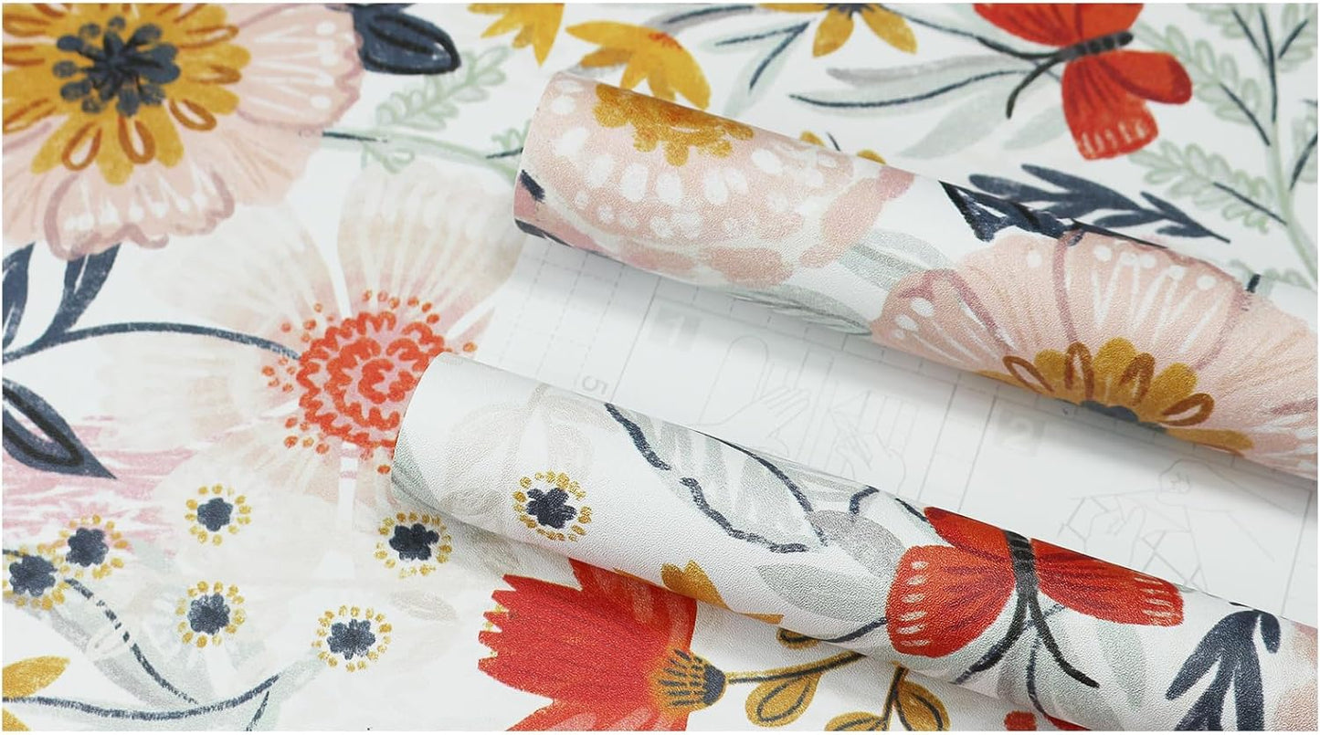 HAOKHOME Boho Peel and Stick Wallpaper Floral Wall Paper Removable for Bedroom Navy/Pink/Orange Contact Paper 17.7in x 9.8ft