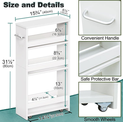 MARTY Slim Rolling Storage Cart 4-Tier Kitchen Cart with Wheels, Laundry Room Storage with Handle Slide Out Utility Cart Shelving Unit Organizer Trolley for Narrow Places Bathroom Small Corner, Black