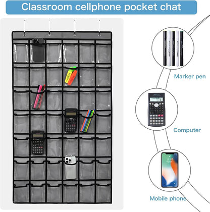 SAVERHO 36 Clear Pockets Classroom Pocket Chart for Cell Phone and Calculator Holder, Door Hanging Pocket Chart for Classroom Phone Holder with Number Sticker and Hooks (Blue)