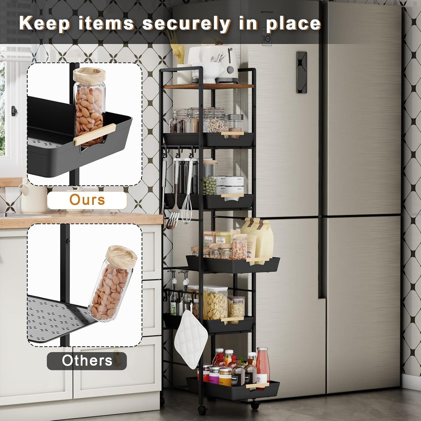 6 Tier Slim Storage Cart with Pull-Out Baskets Rolling Cart with Wheels Wood Top Narrow Utility Cart Metal Shelving Units for Pantry Laundry Room Bathroom Kitchen White 8in(W)