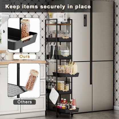 6 Tier Slim Storage Cart with Pull-Out Baskets Rolling Cart with Wheels Wood Top Narrow Utility Cart Metal Shelving Units for Pantry Laundry Room Bathroom Kitchen White 8in(W)