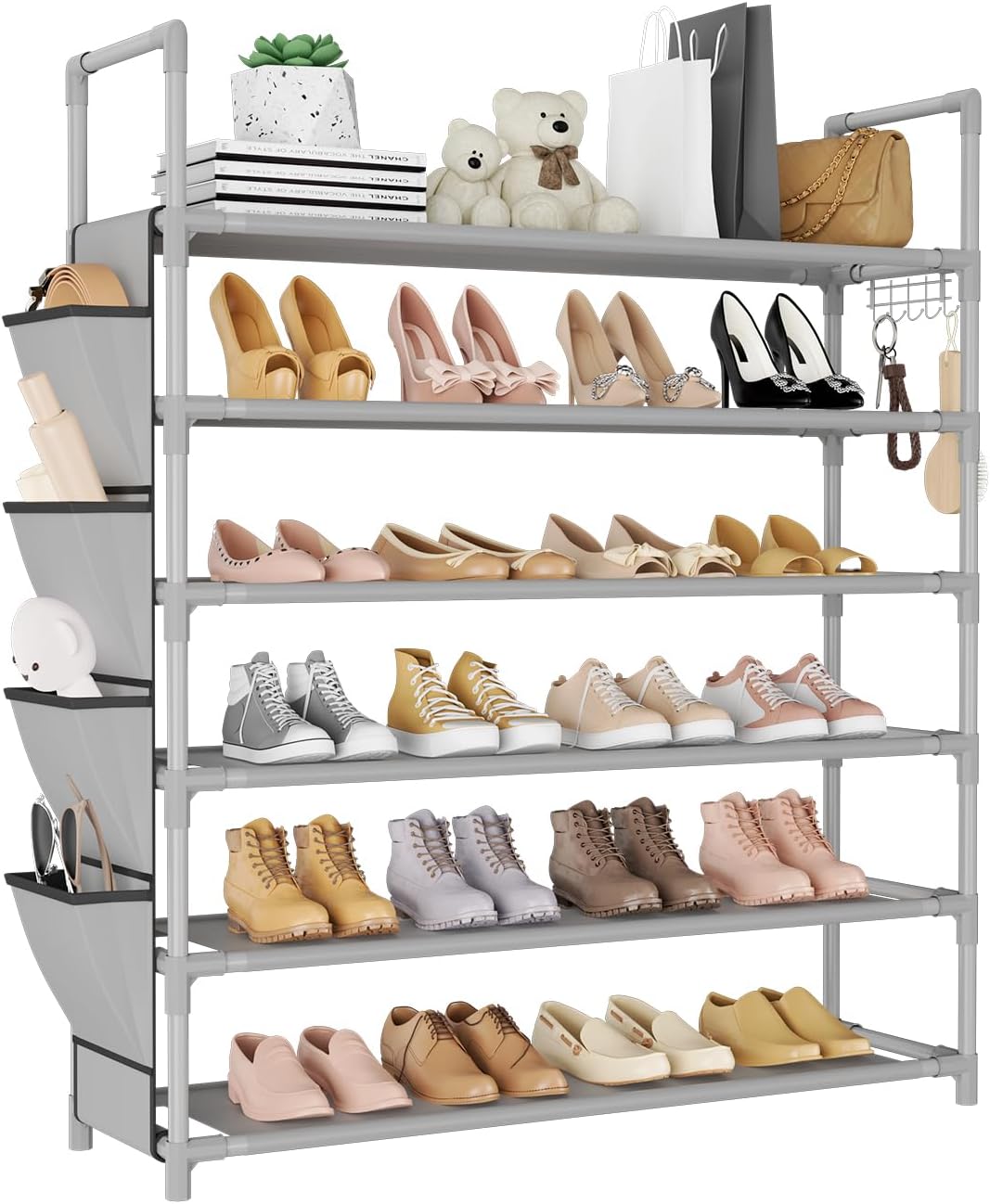 LANTEFUL 6 Tier Shoe Rack Storage for 24-30 Pairs Shoe and Boot, Shoe Organizer with Hook and Side Pocket Free Standing Long Shoe Shelf Tall Shoe Rack Organizer for Closet, Entryway, Dorm, White