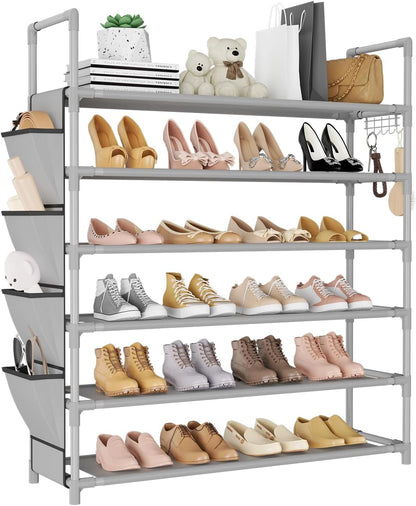 LANTEFUL 6 Tier Shoe Rack Storage for 24-30 Pairs Shoe and Boot, Shoe Organizer with Hook and Side Pocket Free Standing Long Shoe Shelf Tall Shoe Rack Organizer for Closet, Entryway, Dorm, White