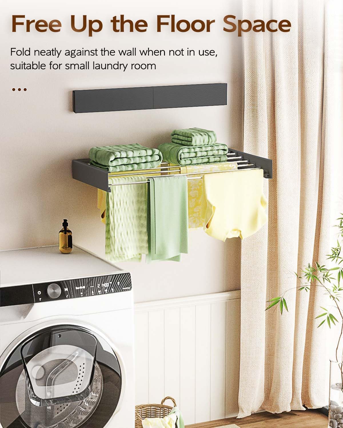 Vikaqi Wall Mounted Clothes Drying Rack 32", Foldable Wall Mount Laundry Rack Folding Indoor, Drying Rack Clothing Collapsible, Hidden Space Saver with Wall Template, 5 Rods, White