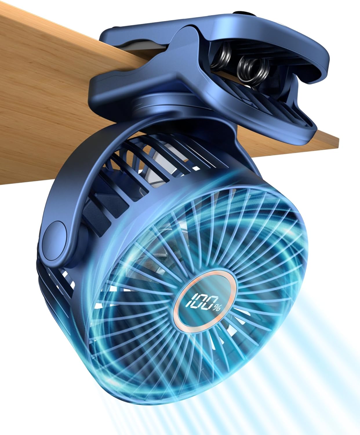 buywoo Portable Mini Personal Fan, Small Rechargeable Battery Powered Stroller Fan for Desk, Strong Clamp Grip, 360° Rotation, 3-Speed, LED Display, Clip On Cooler for Bed, Golf Cart, Office, Blue