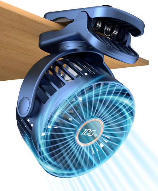 buywoo Portable Mini Personal Fan, Small Rechargeable Battery Powered Stroller Fan for Desk, Strong Clamp Grip, 360° Rotation, 3-Speed, LED Display, Clip On Cooler for Bed, Golf Cart, Office, Blue