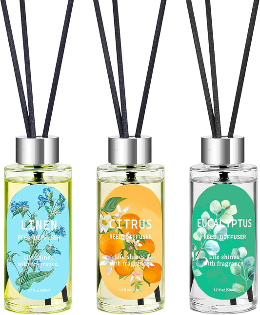 Reed Diffuser Set of 3, Eucalyptus, Linen & Citrus Scented Oil Diffusers with 15 Reeds, Long-Lasting Home Fragrance for Bedroom & Bathroom Decor, 1.7 fl oz Each, Total 5.1 oz