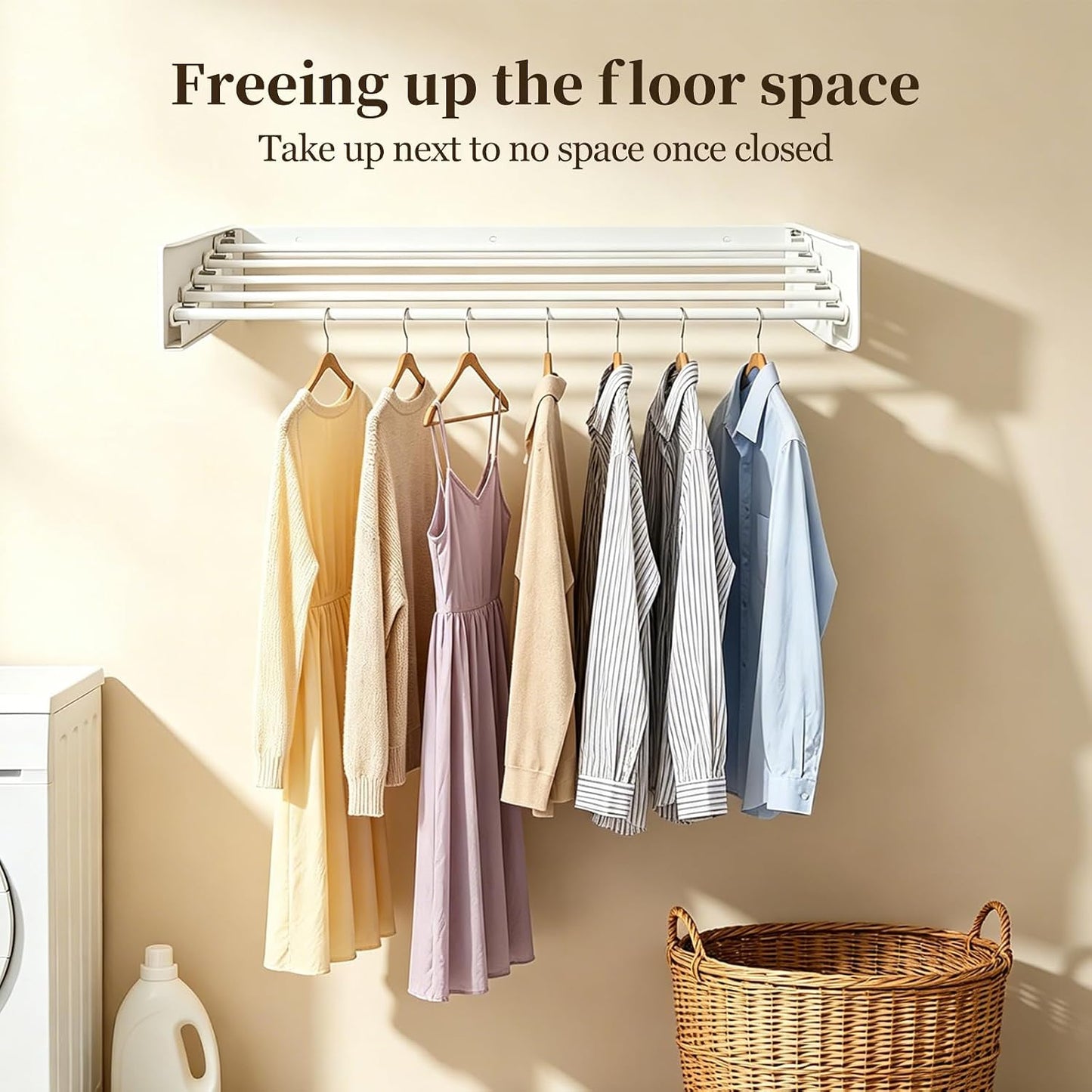 Wall Mounted Foldable Clothes Drying Rack Carbon Steel 5 Rods, Space-Saving Laundry Drying Rack with Wall Template (1, White, 31.5")