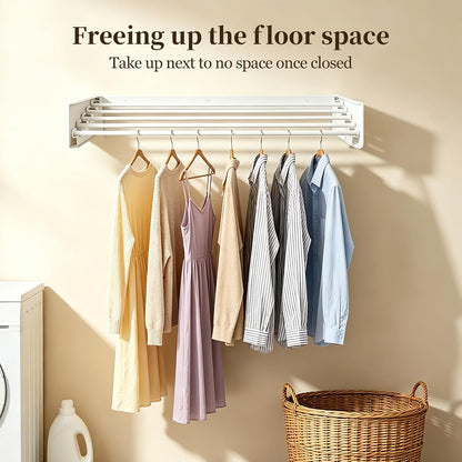 Wall Mounted Foldable Clothes Drying Rack Carbon Steel 5 Rods, Space-Saving Laundry Drying Rack with Wall Template (1, White, 31.5")