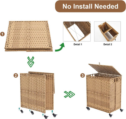 Laundry Hamper with Wheels&Lid, 50.2 Gallons(190L) Rolling Laundry Basket with Wheels, 3-Section Laundry Hamper, Handwoven Rattan Clothes Hamper with 6 Removable Liner& 3 Mesh Laundry Bags, Grey