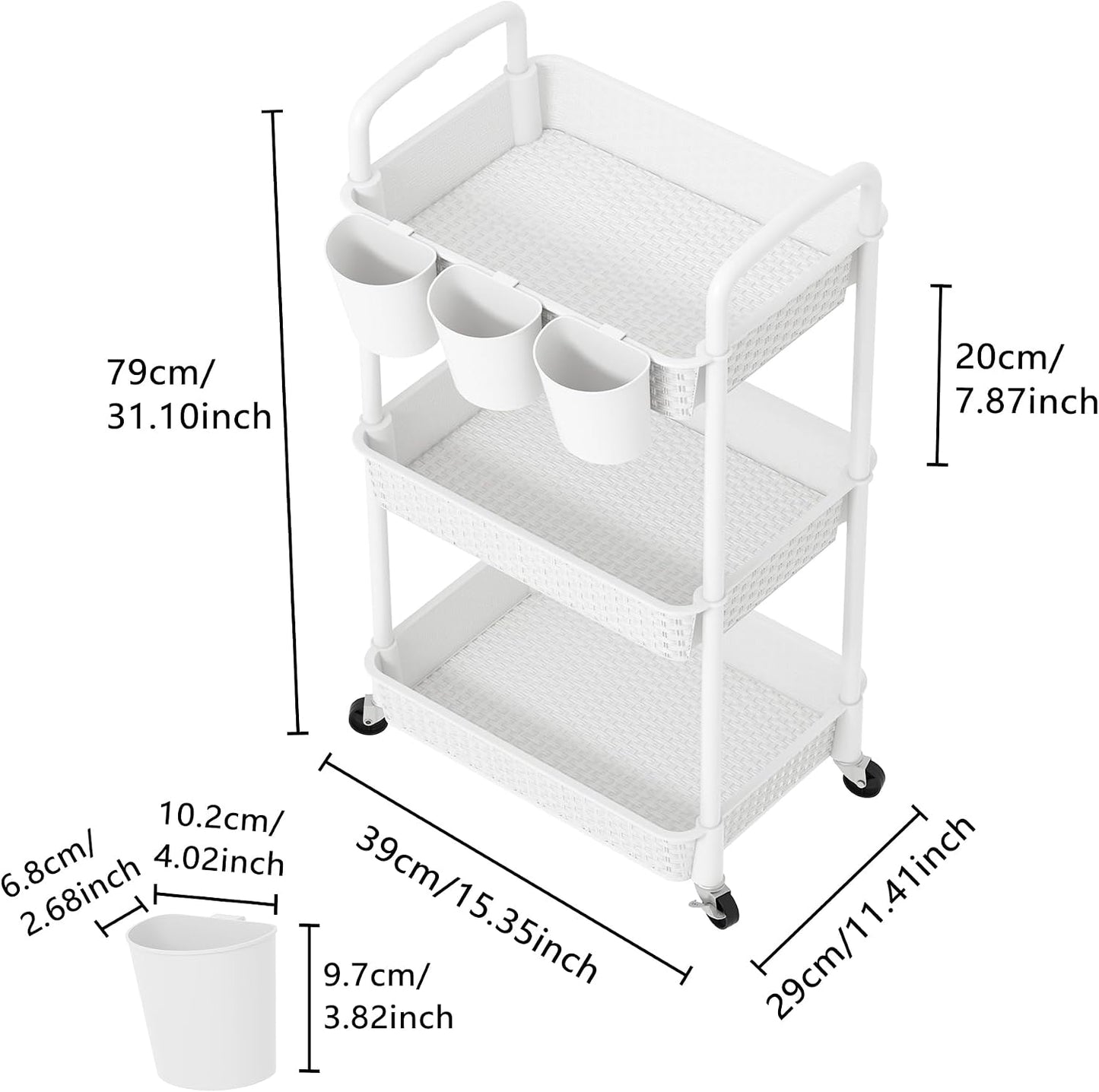 MOYIPIN 3-Tier Plastic Rolling Utility Cart with Handle,Utility Storage Cart for Office, Living Room, Kitchen,Movable Storage Organizer Shelves,White