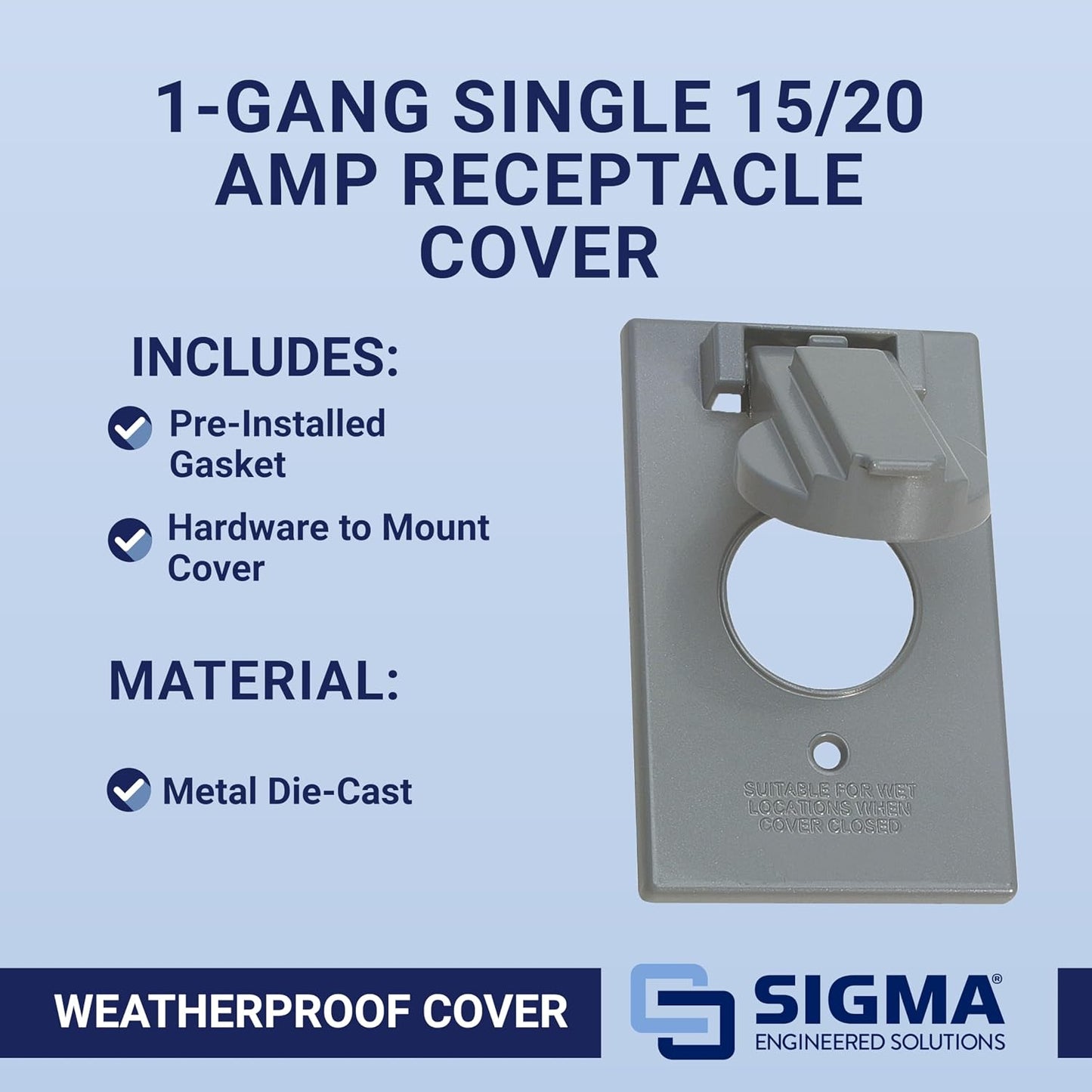 Sigma 14224 Weatherproof 1-Gang Single 15/20 Amp Receptacle Cover, Gray
