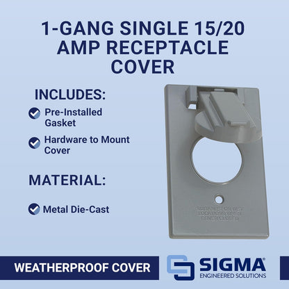 Sigma 14224 Weatherproof 1-Gang Single 15/20 Amp Receptacle Cover, Gray