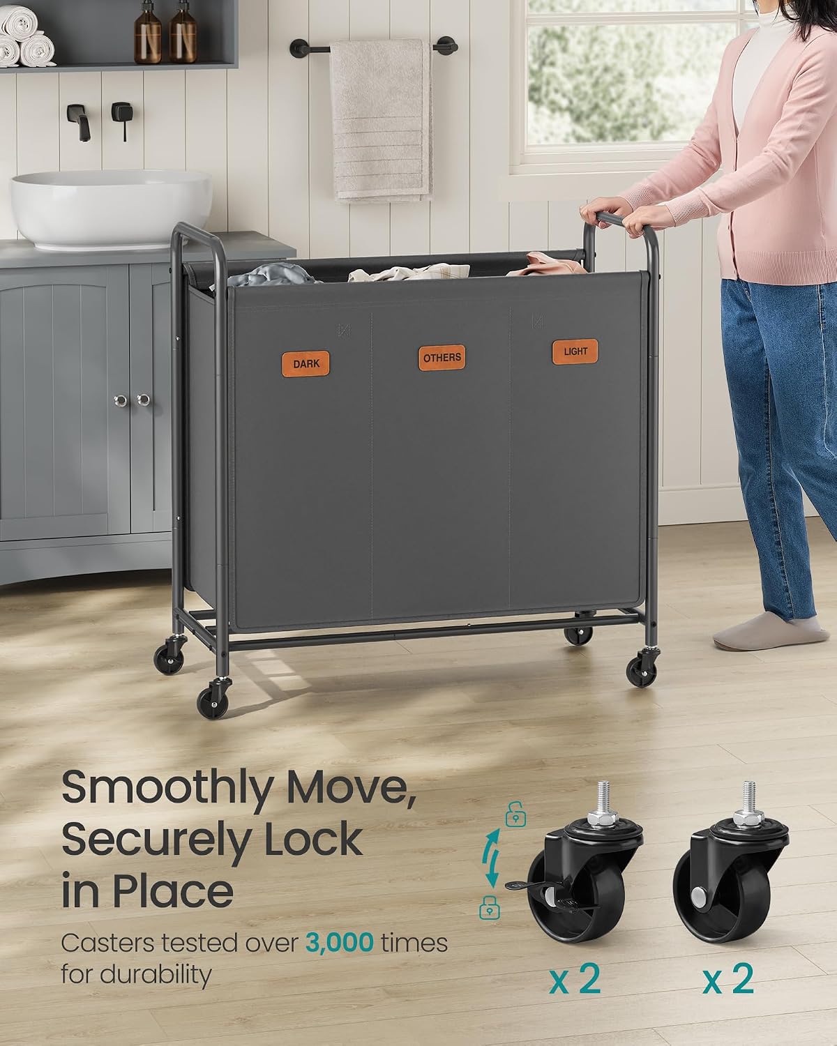 SONGMICS 3-Section Laundry Sorter, Laundry Hamper with Wheels, Rolling Clothes Hamper Cart with Large Capacity and Removable Bags, for Laundry Room, Bedroom, Bathroom, Ink Black URLS330B01