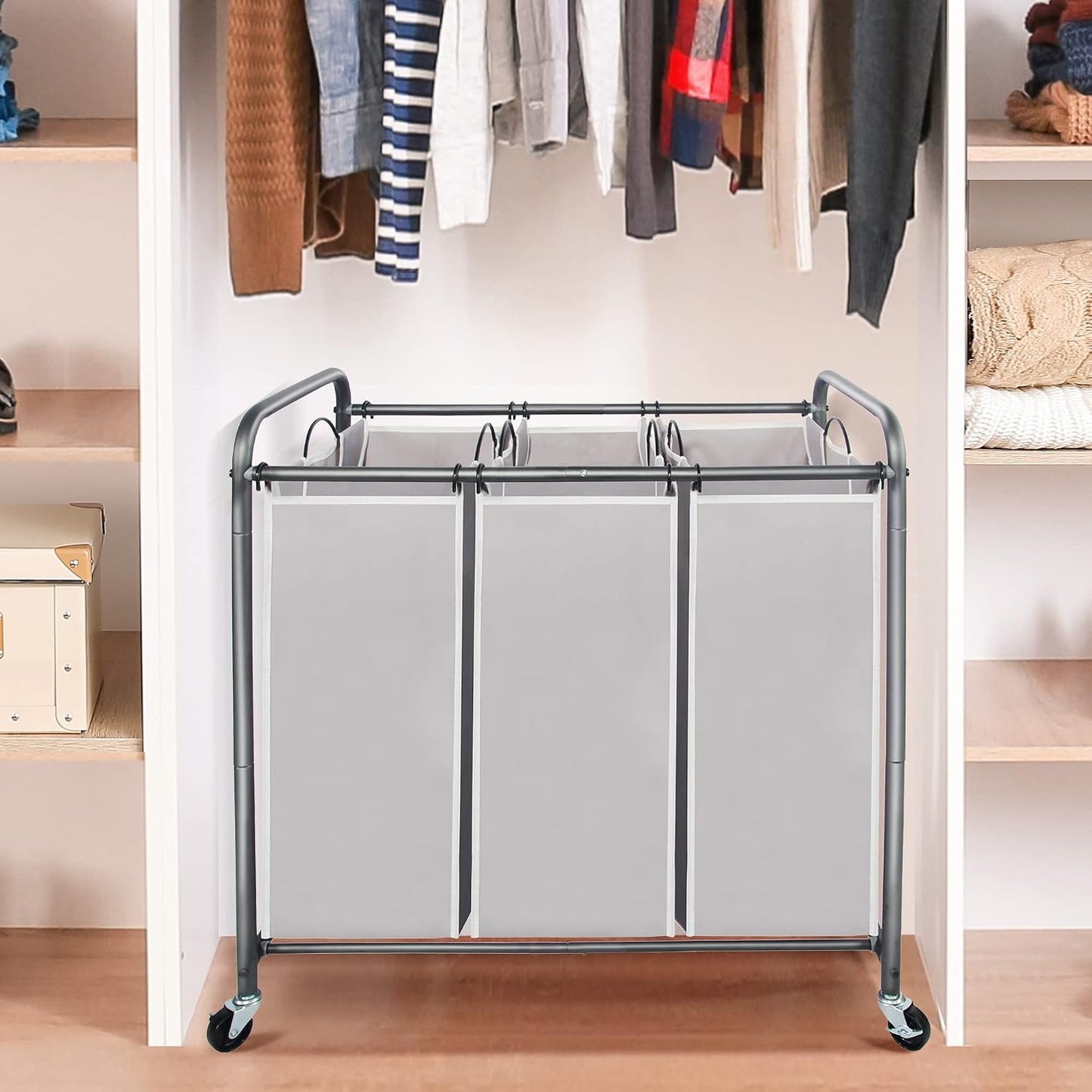 STO STO Laundry Sorter 3 Section, 3 Bag Clothes Hamper, Rolling Laundry Cart Basket with Heavy Duty Lockable Wheels and Removable Bag for Laundry Room, Bedroom, Closet, Gray