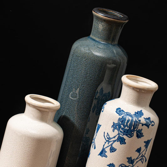Vintage Ceramic Flower Vase Set of 3, Rustic Farmhouse Vase for Home Decor, Distressed Decorative Vase for Table Entryway Mantel Centerpiece Living Room Bathroom Bedroom (Pale Teal Wood)